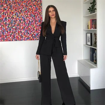 Най-новият модерен женски темперамент 2023, всекидневен костюм, сако, прави панталони, костюми от две части, секси рокля с дълбоко v-образно деколте, черен