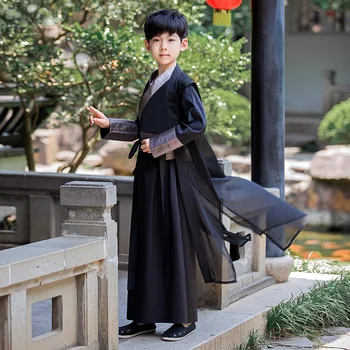 Древен Момче Черен Костюм Cosplay Ханьфу Народен Танц Представа Китайски Стил На Традиционно Облекло
