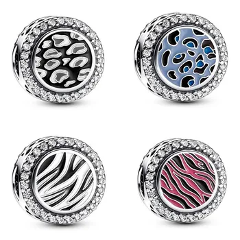 Автентични Сребро 925 Черно, Синьо Леопардовый Принт и Розово Модел Зебра Чар Подходящи За Жените на Pandora Гривна и Колие Бижута