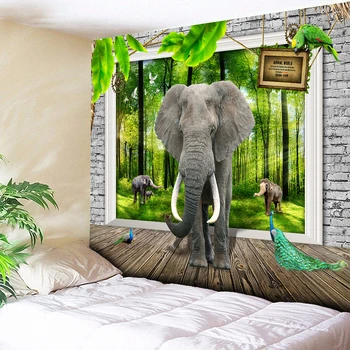 3D Слон Стенен Гоблен Виси на Хипи Гоблен Одеяло на Зелени Гори Слънчева Светлина Начало Декор с Дървени подове Бохо Декор Стенни Плат