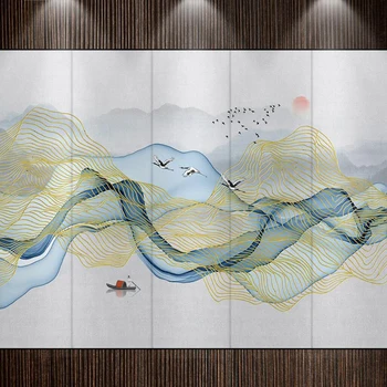 Декоративни тапети серия Нов китайски абстрактен тъмен пейзаж, повишаване на изток златна линия фонова стена