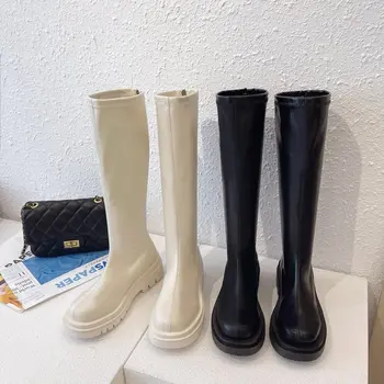 Дамски ботуши с локомотив; колекция 2021 г.; есенно-зимни нови модни ботуши над коляното на дебела подметка с мека повърхност; къси дамски обувки
