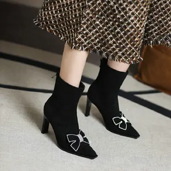 ZawsThia/дамски обувки от изкуствен велур, Однотонная черна Тънка дамски сандали на дебел висок ток, Офис дамски обувки-лодки, Дамски Модни обувки с пеперуда, Голям Размер на 44