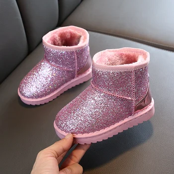 Детски зимни обувки с пайети, Кожени Ботуши със защита от кожа за 2020 г., за Момичета, Зимна Топла Детски обувки с пайети, плюшени кожени обувки, Размер 25-36