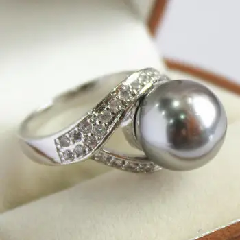 висококачествено дамско пръстен r с покритие, украшенное кристали и 12 мм сиви перли във формата на миди (#7 8 9 10)