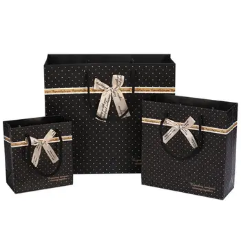 10шт Черно Точков Подарък Пакет Големи Хартиени Пазарски Чанти с Дръжка Черно Бутик за Дрехи Опаковане на Подарък Пакет