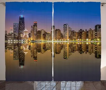 Силует на Чикаго Плътни завеси Нощта в Оживения американския град Стил на живот, Архитектура, Пейзаж Прозорец Завеса