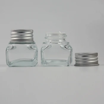 30 бр. на едро, е на 15 г прозрачна квадратна стъклена банка за крема със сребърен капак, стъклена 15 г козметична банка за крем, 15 g мини стъклена бутилка