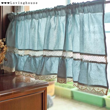 Завеса син шкаф врата завесата американски прозрачна кратък завеса бельо памучен плат кухненско декорация на дома