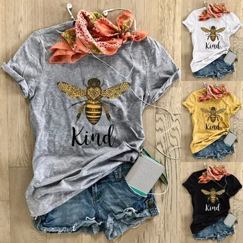 2020 Тениска С Принтом Пчела и Цвете, Kawai, Дамски Модни тениска, Графична Тениска с Хубаво Цвете, Големи Размери, Стил, Ежедневни Богемные Тениски, Женски