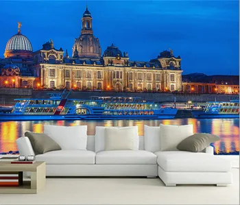 Най-новите 3D стенописи, 3D европейската пристанището нощ града, всекидневна с телевизор, диван спалня фон тапети