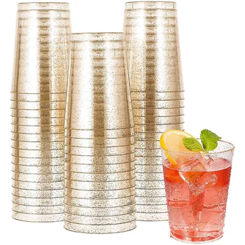 Прозрачни Пластмасови Чаши, Златни Блестящи Пластмасови Чаши За Многократна Употреба Чаши За Напитки Вечерни Чашите За Шампанско-Коктейл Десерт