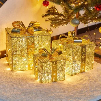 3 бр./компл. Коледна Украса на Подарък Кутия за Бижута с Led Осветление Светещо Желязна Куха Подарък Кутия за Коледни Аксесоари за Оформление на Сцената