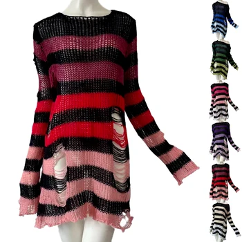 Y2k Момиче Выдалбливают Градиентные Шарени Пуловери В Готически Стил В Стил пънк За Жени Пикантен Свободни Дълга Рокля-Пуловер Корейската Мода Скок 9 Цвята