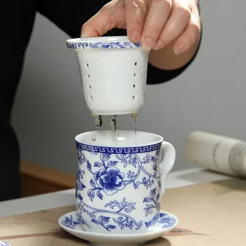 Ретро Китайски Синьо-Бял Порцеланов Комплект Чаени Чаши с Капак-Блюдцем за Заваряване на 260 мл Керамични Чаена Чаша с Чайным Филтър Безплатна Доставка