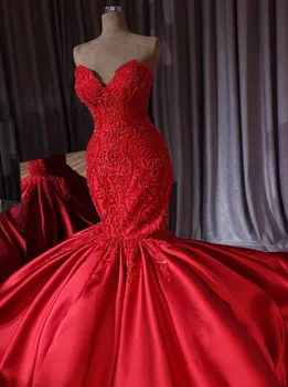 Луксозни Арабски Дубай Червени Сватбени Рокли На Русалка 2023 Нови Дантела И Мъниста Тръба Сватбени Рокли Royal Струята Скъпа Robe De Mariee