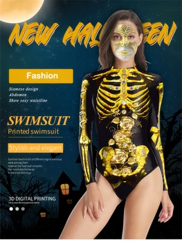 3D Златен Скелет Хелоуин Бански Дамски Бански Изпълнение Цип Отзад Облекло За Плуване Безшевни Mujer Trikinis Maio Feminino Praia
