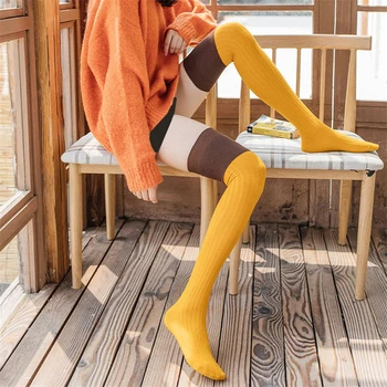 Дамски чорапи над коляното, Модни Дамски Секси Чорапи, Топли Дълги Възли Чорапогащи, Контрастен Цвят, Черен, Кафяв, Син, Жълт