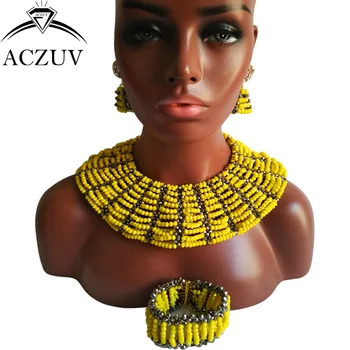 ACZUV Марка Жълто Африкански Мъниста Комплект Бижута за Жени Нигерийски Сватбени Аксесоари AS010