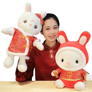 2023 Нова Година Тан Костюм Китайски Стил Заек Плюшен Играчка Мек Щастливият Заек Мека Кукла-Талисман Колекция Коледен Подарък