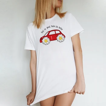BLINGPAW Минималистичная Женска тениска с графика Daisy Beetle Car, Блузи с къс ръкав, Ризи с Кръгло деколте, Ежедневни Дамски Тениски Големи Размери от 100% Памук