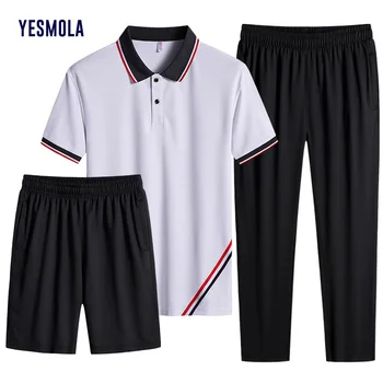 YESMOLA / Комплект от 3 теми, Мъжки Ежедневни тениска с Къс Ръкав, Тънки панталони, Къси Панталони, Лятна Тенденция Проста мъжки Баскетболен Риза, Спортно Облекло