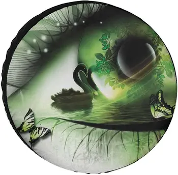 Abstract,Abstract-Natural-Artwork-with-a-Swan-Floating-in-Eye-and-Flying-Butterflies,Green-Black-White,14inch