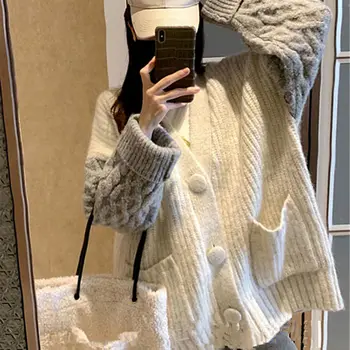 Пуловер женски новият есенен плюс размера на дамско свободно палто на жена с жилетка на дебелото плетени
