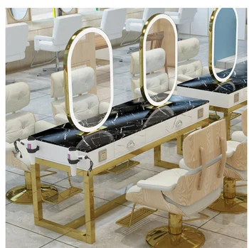 Фризьорски салон огледален led лампа коса огледало едностранно козметичен кабинет за грим вграден мраморен двустранен плот за оцветяване