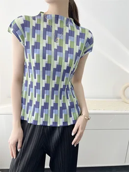 Новият годишен плиссированный топ Miyake, плиссированная тениска с къс воротом, приталенная градска ежедневни дамски дрехи