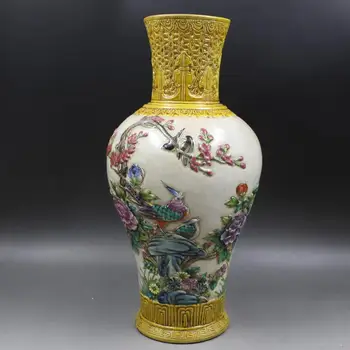 Антични китайска порцеланова ваза QingDynasty, бутилка с пионом в пастелни цветове, с релефни # 2, ръчно изработени Изделия, на най-добрата колекция и украса, Безплатна доставка