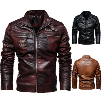 Модерно мъжко кожено яке, ново мъжко палто, мъжки мотоциклет костюм в европейския и американския стил, плюшевое кожени палта, мъжко