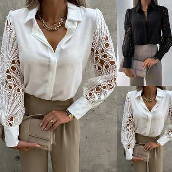 Бяла Секси Лейси Отворена Дамска Блуза 2022 Пролет Черни Реколта Ризи С Копчета Отгоре С Дълъг Ръкав Мрежест Дизайн Върховете Femme 1948