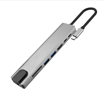 Хъб USB Type-C за 4K, HDMI-Съвместим RJ-45 на USB SD/TD четец на карти с памет PD Бързо зареждане на 8-В-1 Многофункционално адаптер