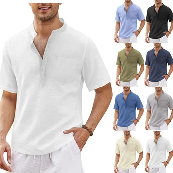 Лятна мъжка Однотонная Риза с къси ръкави от памук и Лен, Ежедневни Плажна Риза с Къс Ръкав и Джоб, Мъжки Дрехи