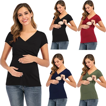 Блузи за бременни, Дамски Удобна Туника за Хранене с Къс Ръкав, Отгоре за Кърмене, Тениска за Бременни, Дамски Дрехи, за Майките