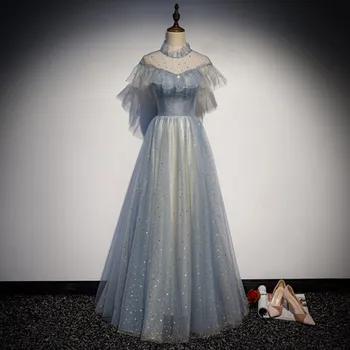 луксозната бална рокля с рюшами и яка-часова под формата на звезда златисто-син цвят за празник на кралската принцеса Средновековния Ренесанс във Викториански стил Belle