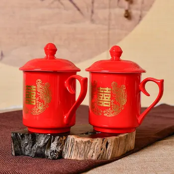 Китайска сватбена червена чаена чаша дракон, феникс керамичен комплект с вързана чаши за вода чаша за честване на сватби чай и прибори подарък 2cps