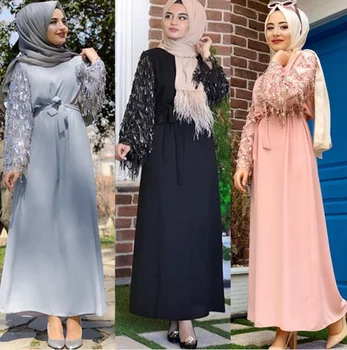 2021 Ново Арабското Рокля Мюсюлманска Мода Шапките Пайети Срастване Рокля С Дълъг Ръкав Трансграничная Дрехи За Момичета