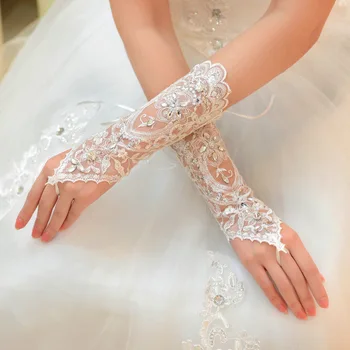 1 Чифт Бели/червени/бежово Сватбени ръкавици, Елегантни Къси ръкавици С кристали, Бели Дантелени Ръкавици, Красиви Сватбени Аксесоари