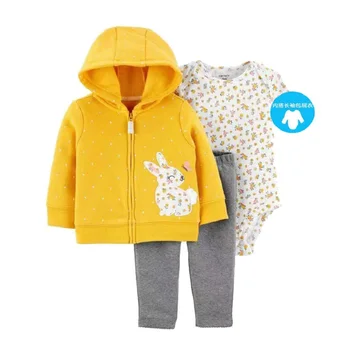 Комплект дрехи за малките момичета, яке с качулка и модел на заек от картун с дълъг ръкав + гащеризон + панталони 2021 г. пролетен комплект за новородени момчета 6-24 М ПАМУК