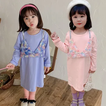 Детски дрехи 2022 Пролет Есен Корейска Рокля За момичета Многоцветни Цветя Бебешка Рокля С Дълги Ръкави Скъпа Модерна Пола За момичета