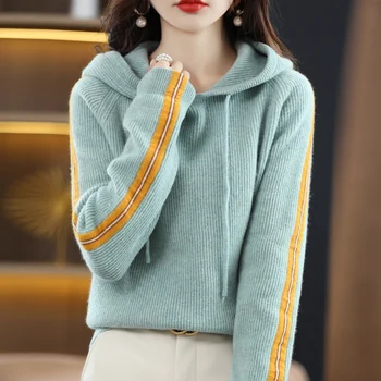 Зимна нов дамски пуловер от 100% вълна Утолщенного контрастен цвят, луксозен вълнен пуловер с качулка, модерен и удобен