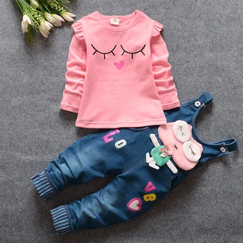CUTEMOON/комплект дрехи за малките момичета, есента памучен детска тениска с анимационни герои + панталони-престилки, 2 броя, детски дрехи, костюми