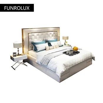Модерен стил кожено легло с минималистичен пост - storage1.8mLeather двойно легло начало спалня брачното легло