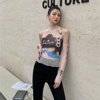 Годишна Жена Облегающая тениска с принтом, Тънка Куха тениска, Дамски Топ, Дамски Модни тениска с къс ръкав от вкара Прежда, 2021