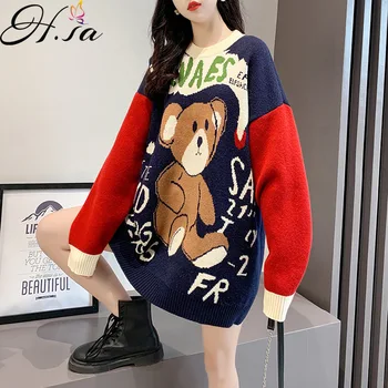 Hsa Bear Дамски Пуловер Свободна Горна дреха със Средна Дължина, в Корейски Стил 2021 Новият Есенно-зимния Сгъсти Мързелив Пуловер Пуловер