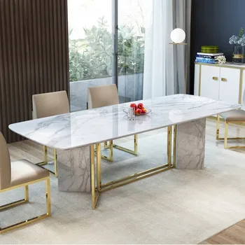 Маса за хранене от скандинавския мрамор правоъгълен модерен минималистичен домашен лампа луксозна маса за хранене и столове на масата за преговори