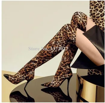 Пикантни Разтеглив Леопардовые ботфорты над коляното, женски Нови Дълги Ботуши на висок ток с остър пръсти, дамски Модни Ботуши до бедрата Голям Размер