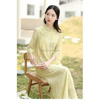 2023 нов китайски ретро стил подобряване на рокля tea zan с бродерия и с къс ръкав елегантно ежедневно страхотна рокля чонсам за жени g913